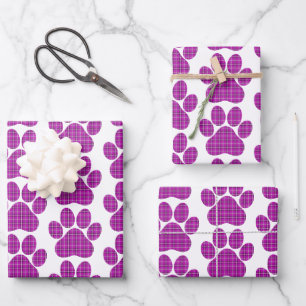 Paw Shape Plaid Pink Purple Cat Dog Wrapping Paper Sheet