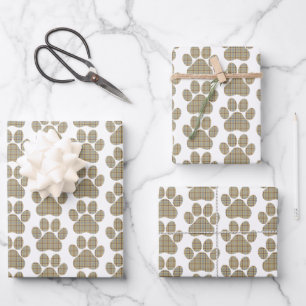 Paw Shape Plaid Tan Dog Cat Wrapping Paper Sheet