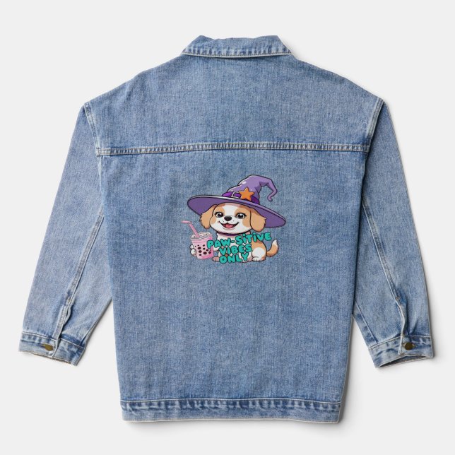 Paw-sitive Vibes Only – Cute Dog With Bubble Tea a Denim Jacket (Back)