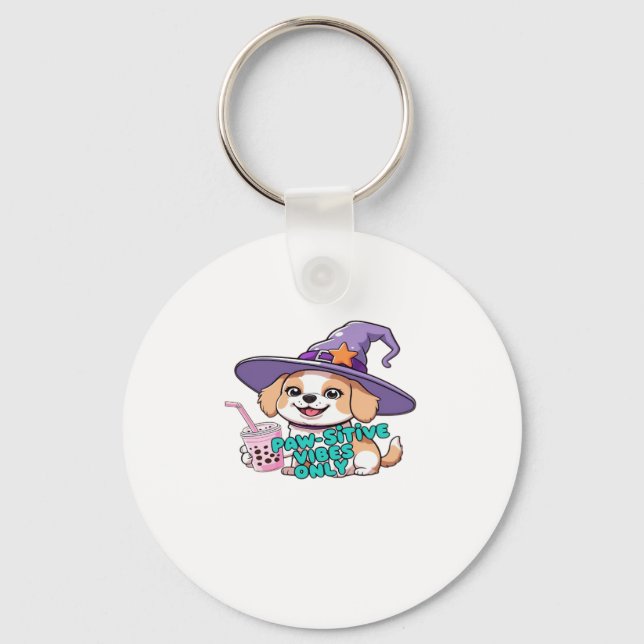 Paw-sitive Vibes Only � Cute Dog With Bubble Tea a Key Ring (Front)