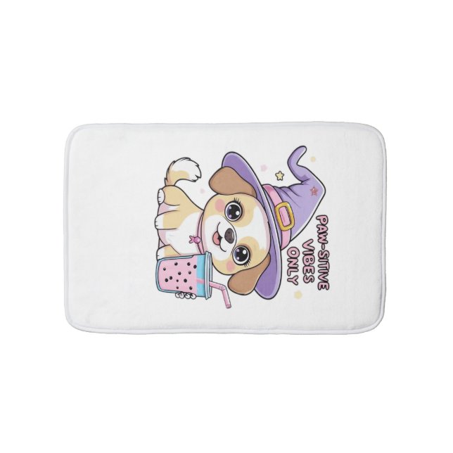 Paw-sitive Vibes Only Cute Dog With Bubble Tea Hal Bath Mat (Front)