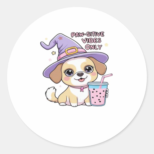 Paw-sitive Vibes Only Cute Dog With Bubble Tea Hal Classic Round Sticker (Front)