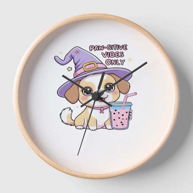 Paw-sitive Vibes Only Cute Dog With Bubble Tea Hal Clock (Front)