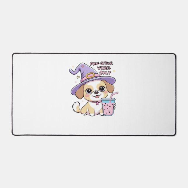 Paw-sitive Vibes Only Cute Dog With Bubble Tea Hal Desk Mat (Front)