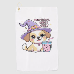 Paw-sitive Vibes Only Cute Dog With Bubble Tea Hal Golf Towel