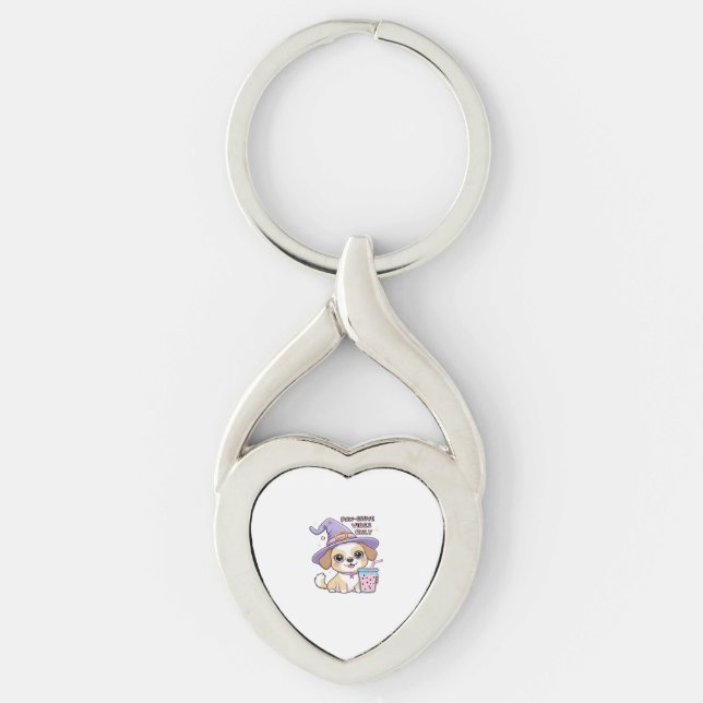 Paw-sitive Vibes Only Cute Dog With Bubble Tea Hal Key Ring (Front)