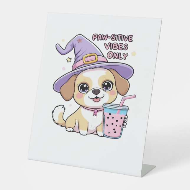 Paw-sitive Vibes Only Cute Dog With Bubble Tea Hal Pedestal Sign (Front)