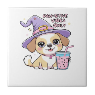 Paw-sitive Vibes Only Cute Dog With Bubble Tea Hal Tile