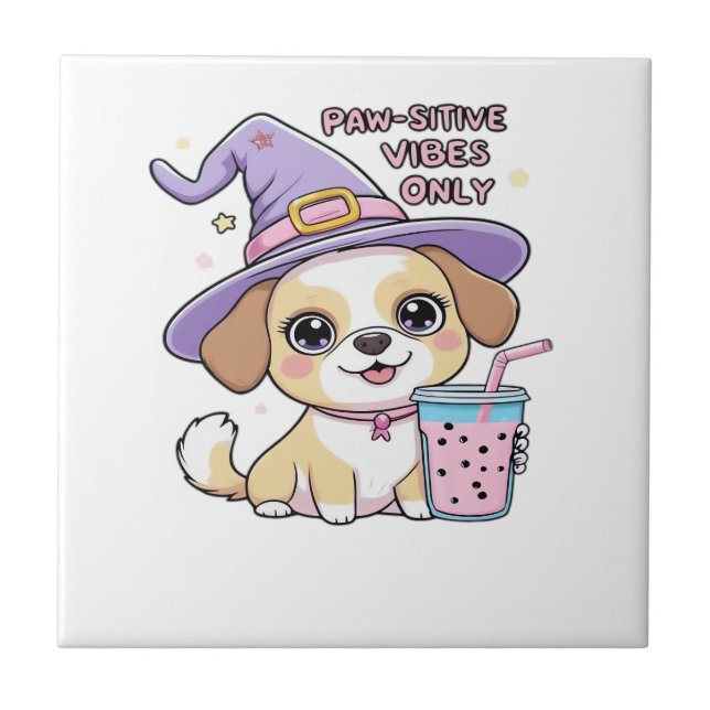 Paw-sitive Vibes Only Cute Dog With Bubble Tea Hal Tile (Front)