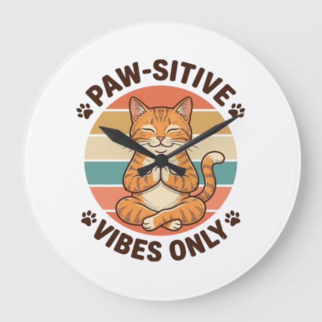 Paw-Sitive Vibes Only Meditating Cat Retro Design_ Large Clock (Front)