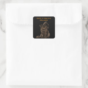 Paw-some Halloween Black Cat Witch Hat  Square Sticker