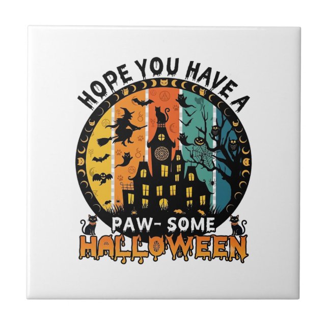 Paw Some Halloween Haunted House Witch Black Cats_ Tile (Front)