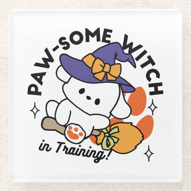 Paw-some Witch in Training – Cute Halloween Dog  Glass Coaster (Front)