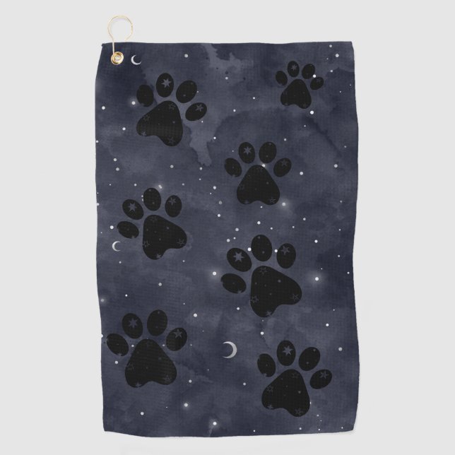 Paw Stars Moon Blue Watercolor Golf Towel (Front)