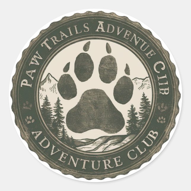 Paw Trails Adventure Club — Vintage Badge Sticker (Front)