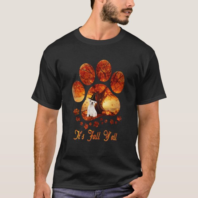 Paw Tree It's Fall Y'all Halloween White French Bu T-Shirt (Front)