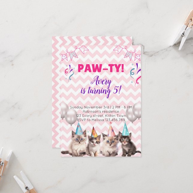 Paw-ty Kittens Kids Birthday Party invitations (Front/Back In Situ)