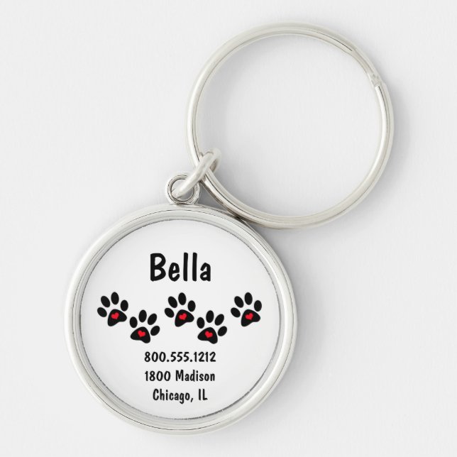 Pawprint And Hearts Pet Identification Tag Key Ring (Front)