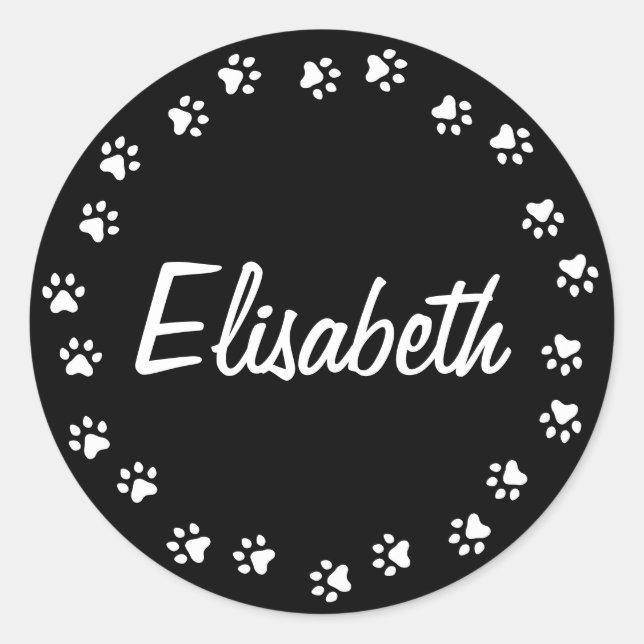 Pawprint border personalised name black and white classic round sticker (Front)
