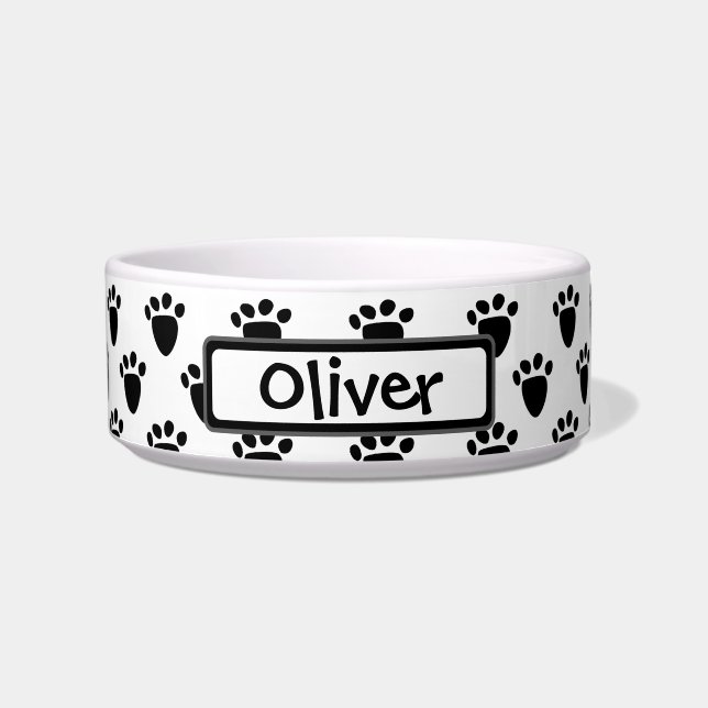 Pawprint Pattern Black White Personalised Pet Bowl (Front)