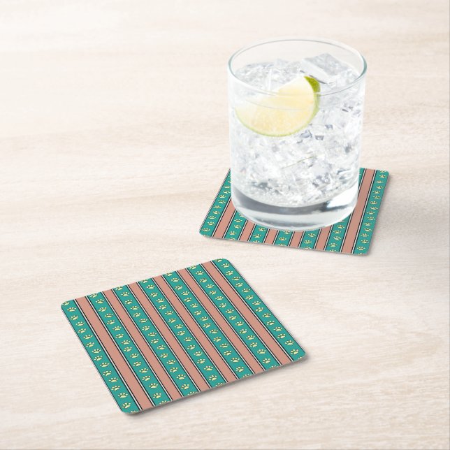Pawprint Stripes Square Paper Coaster (Insitu)