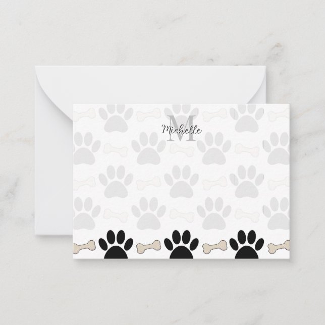 Paws And Bones Pattern Monogram Personalized Card (Front)