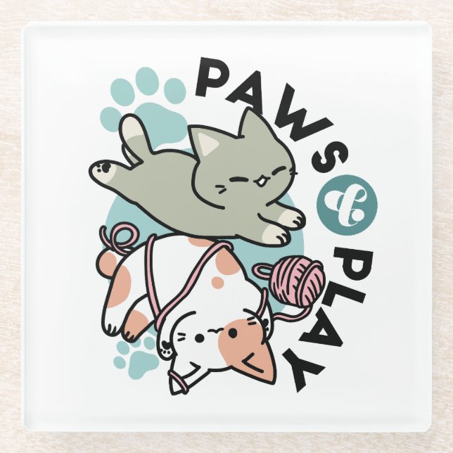 Paws and Play – Adorable Cat Illustration Glass Coaster (Front)