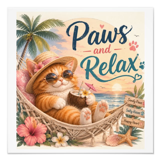Paws and Relax Beach Cat Photo Print (Front)