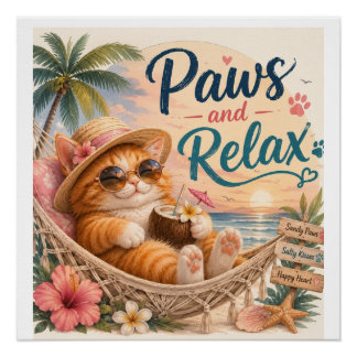 Paws and Relax Beach Cat Poster