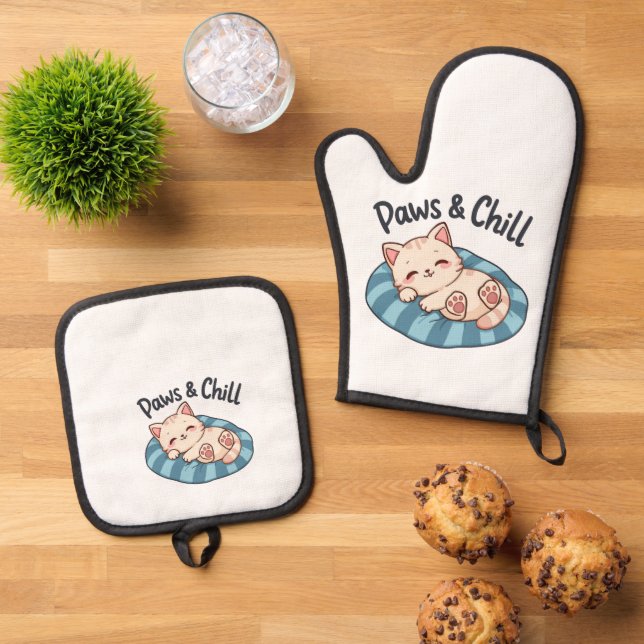 Paws & Chill Cat Nap Illustration Cartoon Oven Mitt & Pot Holder Set (Top Down)