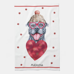 Paws Dog Lover Valentine Gift Grey Pitbull Tea Towel