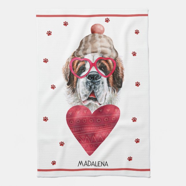 Paws Dog Lover Valentine Gift Saint Bernard Tea Towel (Vertical)