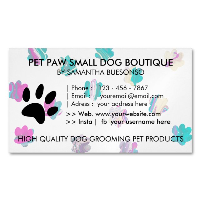Paws dogs pet grooming magnetic business card (Front)