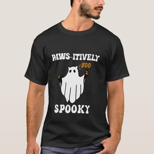 Paws-itvely Spooky Halloween Ghost Cat T-Shirt (Front)