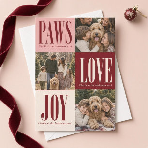 Paws Love Joy Burgundy Pink Dog Photo Christmas Holiday Card