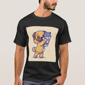 Paws of Friendship: Cute Pug and Baby Cat Cartoon T-Shirt