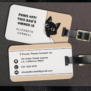 Paws Off Funny Cute Peeking Black Cat Orange Luggage Tag