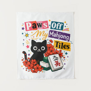 Paws off My Mahjong Tiles Black Cat Tapestry