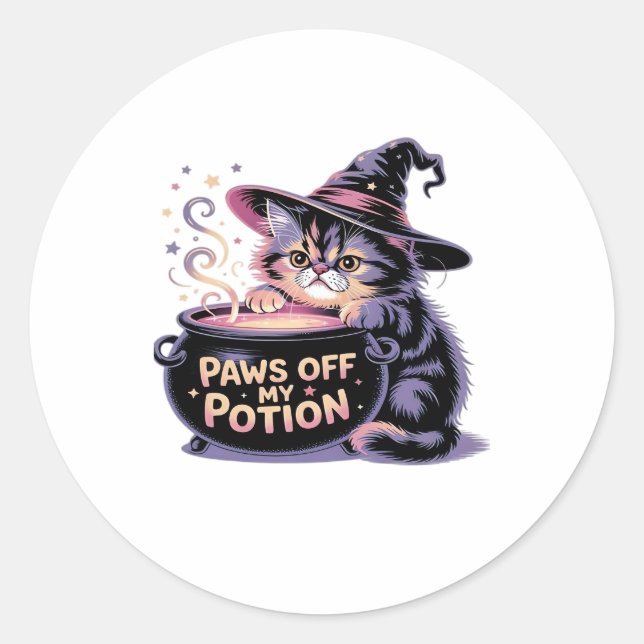 Paws Off My Potion, Kawaii Halloween Witch Cat Cla Classic Round Sticker (Front)