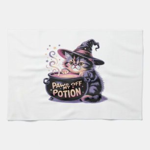 Paws Off My Potion, Kawaii Halloween Witch Cat Cla Tea Towel