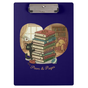 Paws & Pages Cute Cat & Dog in Cosy Library Book Clipboard
