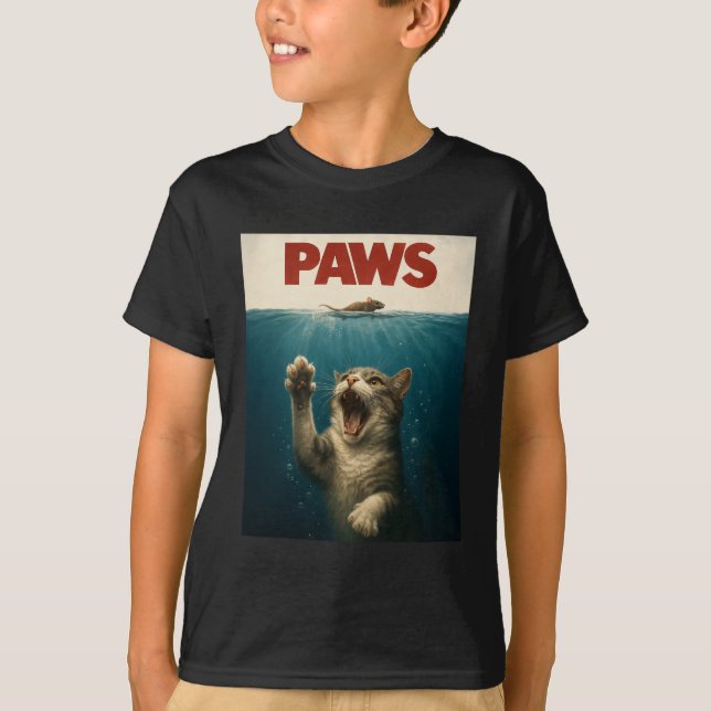 Paws Parody Cat Chasing a Cute Scared Mouse T-Shirt (Front)