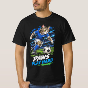 Paws Play Hard Funny Soccer Player Cat Football T-Shirt