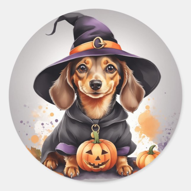 Paws & Potions: Dachshund Witch on a Pumpkin Classic Round Sticker (Front)
