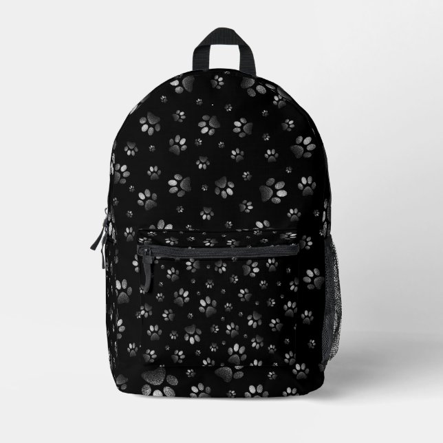  Paws print sparkle black silver glitter, Printed Backpack (Front)