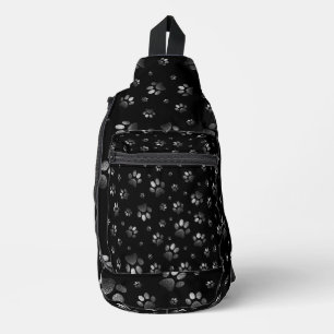  Paws print sparkle black silver glitter, Sling Bag