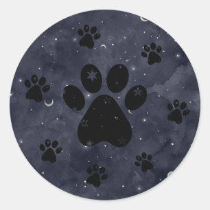 Paws Star and Crescent Moons Blue Watercolor Classic Round Sticker