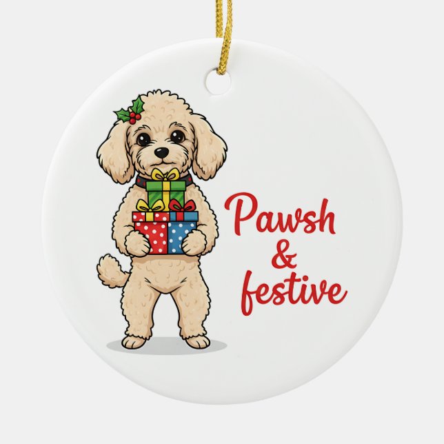 Pawsh and Festive Dog, Fancy Christmas Dog  Ceramic Tree Decoration (Front)