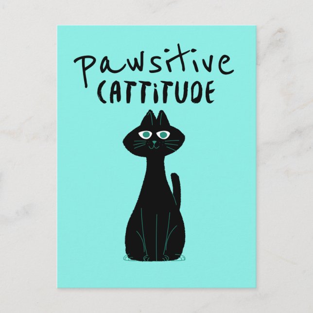 Pawsitive Cattitude Cute Cat Humor Black Teal Postcard (Front)