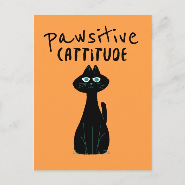 Pawsitive Cattitude Cute Cat Humour Black Orange Postcard (Front)
